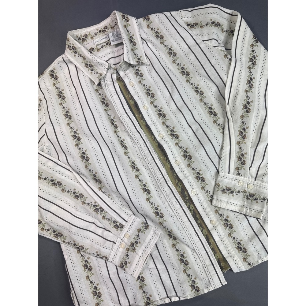 White Stag Vintage Floral Striped Button Up Top Women XL Cottagecore Embroidery